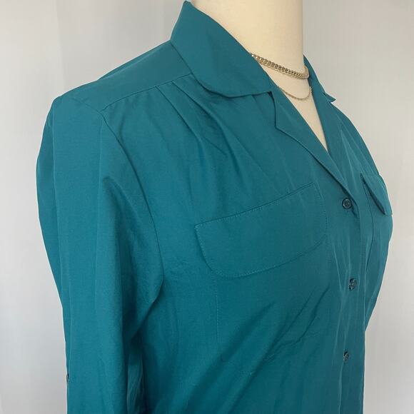 Vintage Blouse Top Size 14 Teal Blue Minimal Long Sleeve Button Office 80s 90s - Picture 3 of 11
